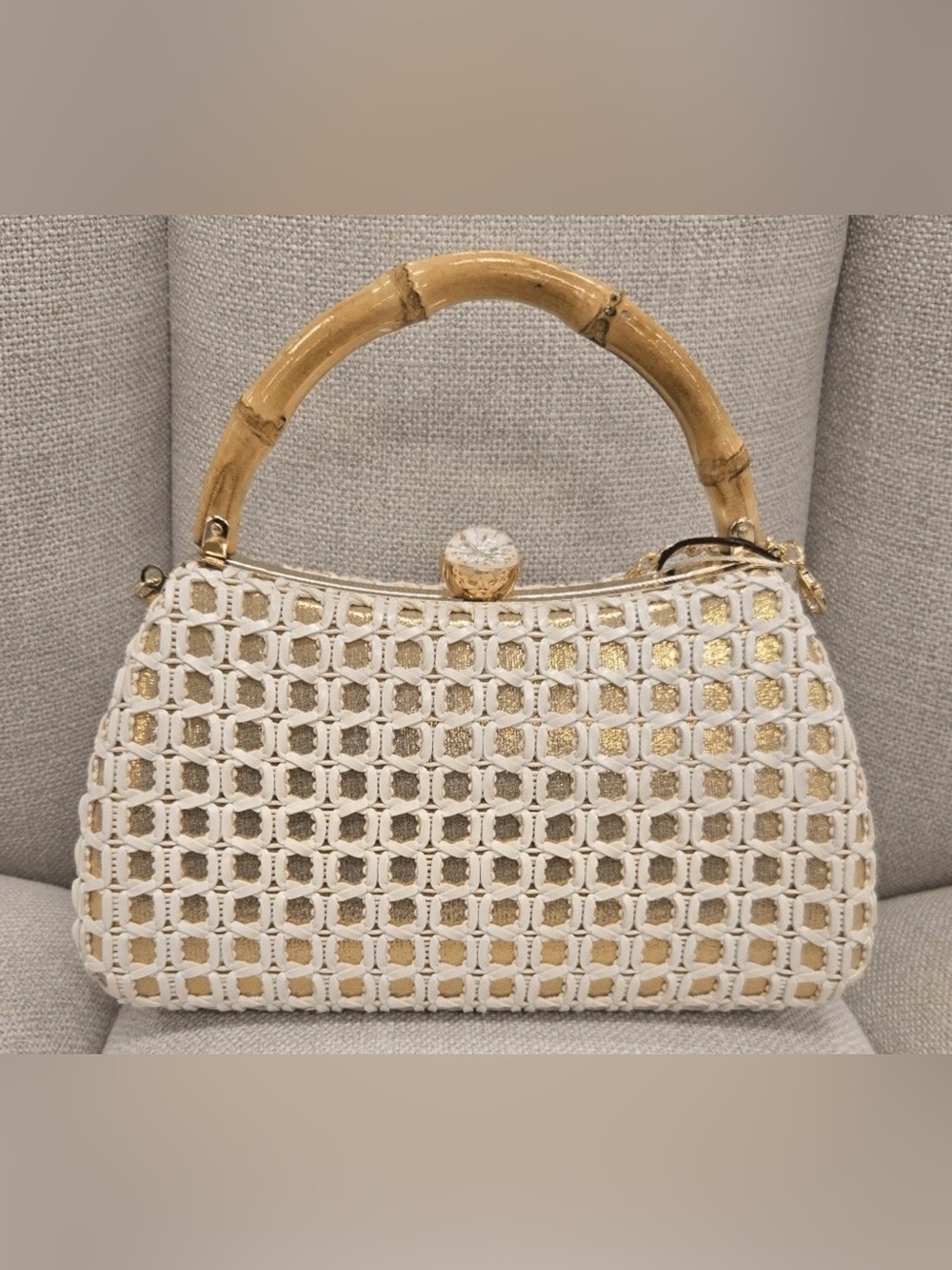 Tommy Bahama Woven Clutch with Natural Bamboo Handle Metallic Kiss Lock New